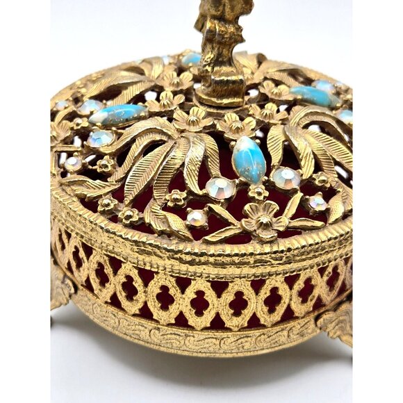 Vintage Cherub Gold Tone Footed Metal Jewelry or Trinket Box w/ embellished lid - Picture 8 of 8